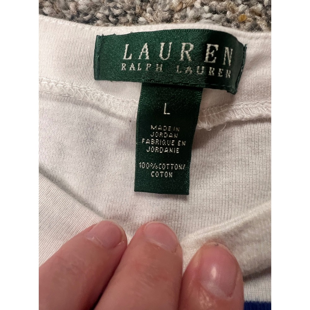 Lauren Ralph Lauren Striped Boatneck Top nautical White Anchor Button Cotton L - Picture 4 of 6